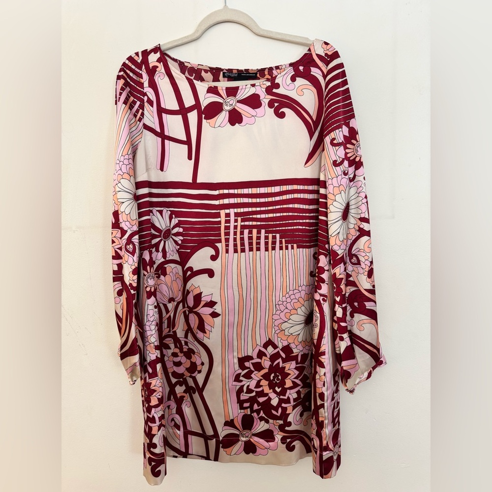 Hale Bob Designer Chic Red & Pink Floral Abstract Pattern Silky A-Line Dress XL